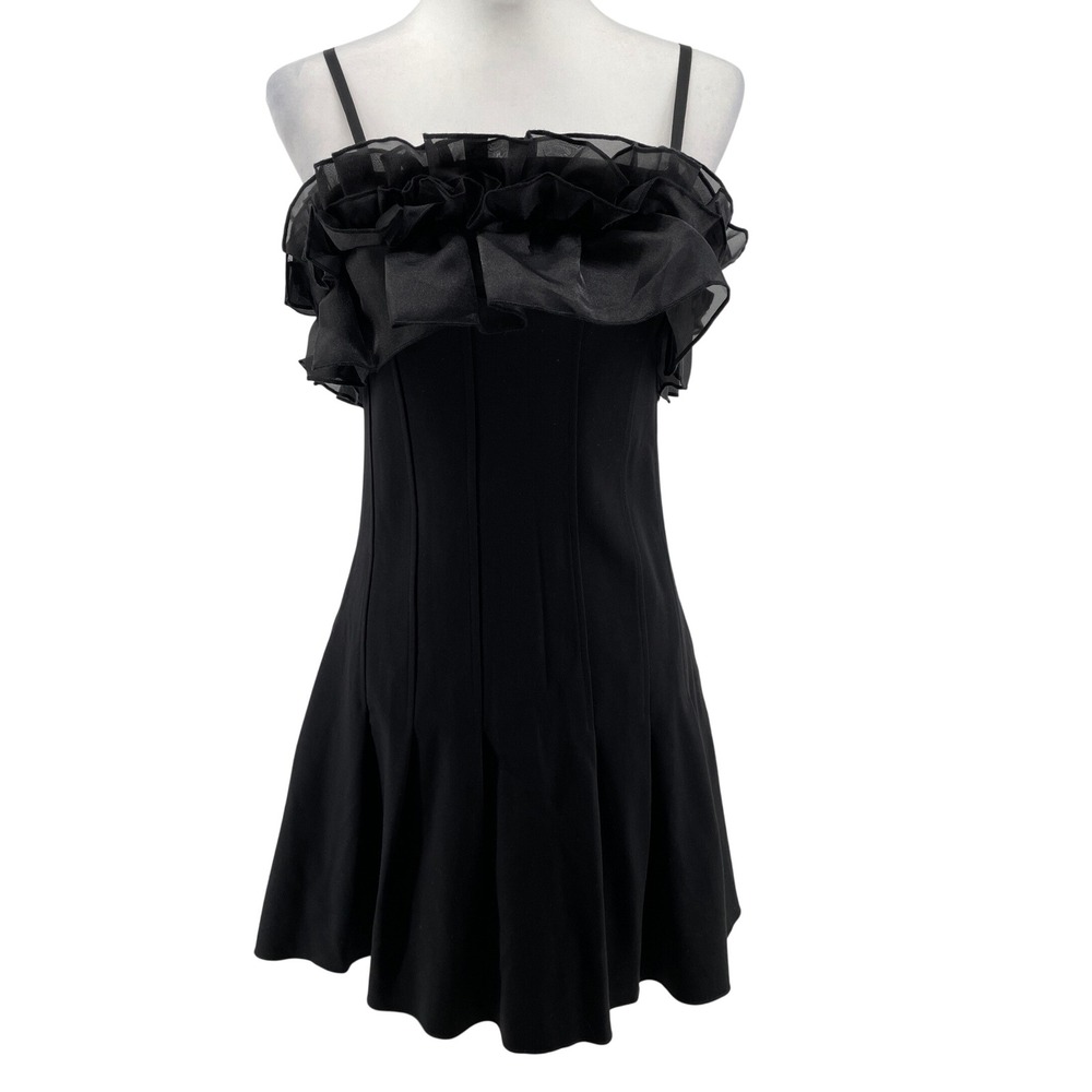 Bonheur d'Amour Mini Dress Womens Small Black Ruffle Organza Cocktail Event